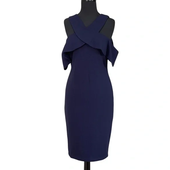 Lulus Cityscape Navy Blue Bodycon Dress Sz M Halter Off The Shoulder Sleeves NWT - Picture 2 of 10